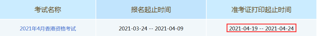 2021年4月中国香港证券从业资格考试准考证打印时间为4月19日至4月24日